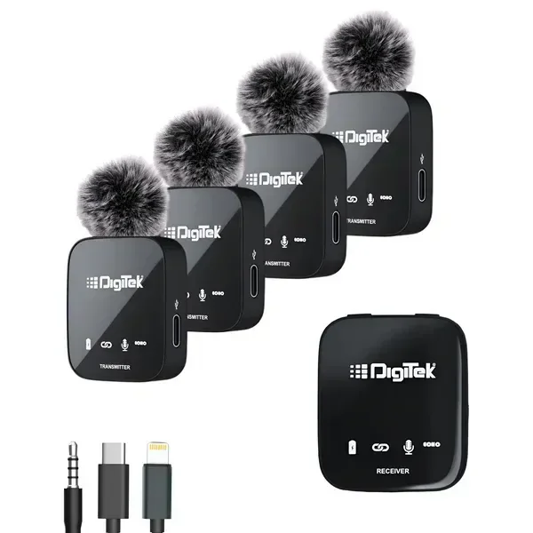 Digitek DWM-111 4-Channel Wireless Mic System | 360° Voice Capture, 2.4GHz, 50m Range | Plug & Play for DSLR, Smartphone & Laptop