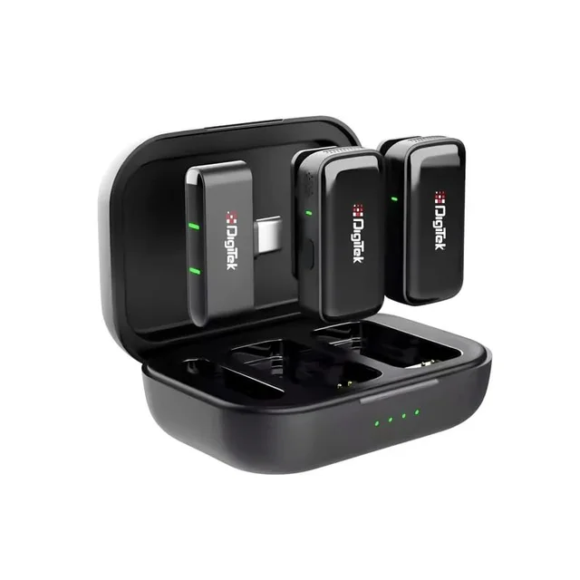 Digitek® DWM-120 2.4G Wireless Microphone System – 50m Range, 4.5Hr Battery, Noise Reduction, iPhone & Android Compatible, Perfect for Vlogging, Streaming & Interviews