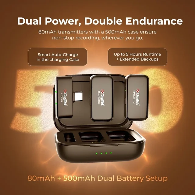 Digitek® DWM-120 2.4G Wireless Microphone System – 50m Range, 4.5Hr Battery, Noise Reduction, iPhone & Android Compatible, Perfect for Vlogging, Streaming & Interviews