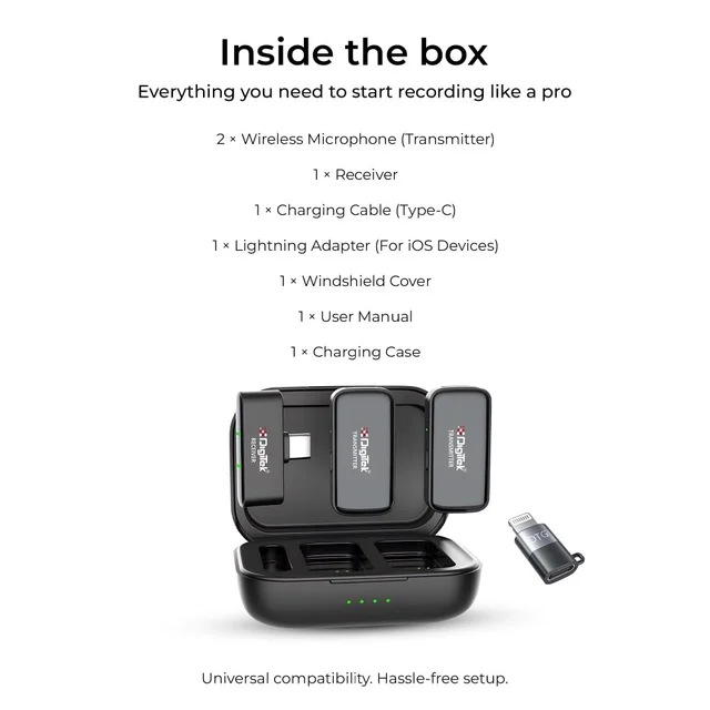 Digitek® DWM-120 2.4G Wireless Microphone System – 50m Range, 4.5Hr Battery, Noise Reduction, iPhone & Android Compatible, Perfect for Vlogging, Streaming & Interviews