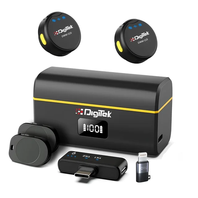 DIGITEK® DWM-115 2-in-1 Wireless Microphone System 2.4GHz, Dual Mic Setup, Clear Audio for DSLR & Smartphones