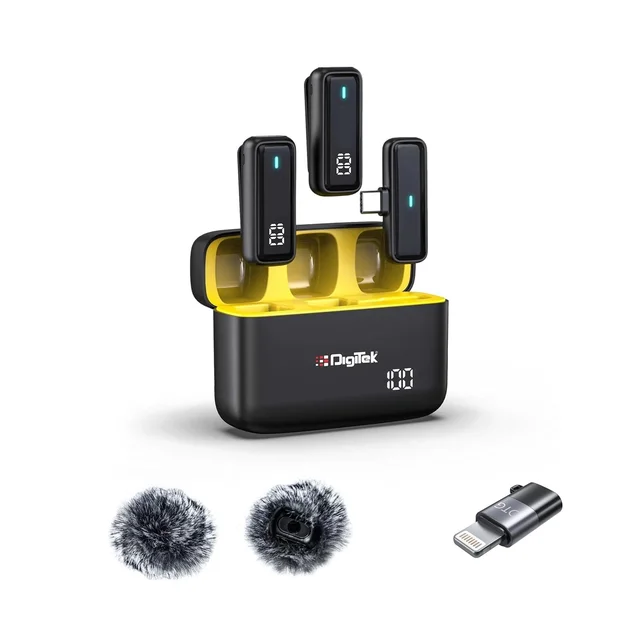 Digitek® DWM 105 2-in-1 Wireless Microphone System with ANC Noise Reduction, Dual Mic Setup, Long Range, Clear Audio for DSLR, Android & iPhone
