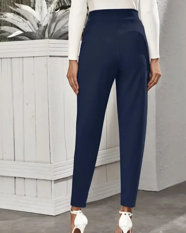 Stylish Navy Blue Poly Lycra Solid Trousers For Women - 30