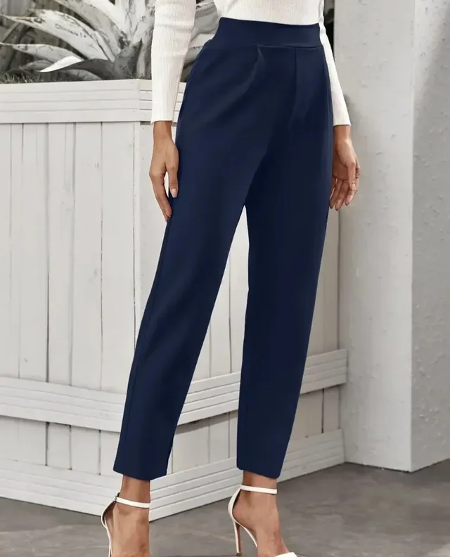 Stylish Navy Blue Poly Lycra Solid Trousers For Women - 30