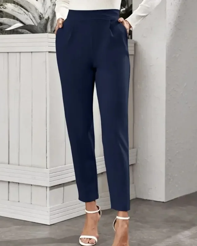 Stylish Navy Blue Poly Lycra Solid Trousers For Women - 36