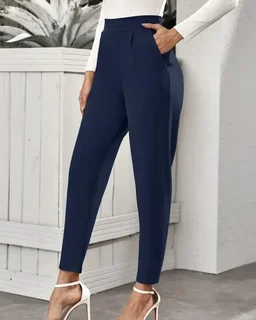 Stylish Navy Blue Poly Lycra Solid Trousers For Women - 36
