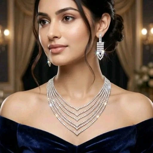 Luxury premium necklace|Silver Plated Rhinestone Layered Necklace and Earring Set for Women | Party Wear 