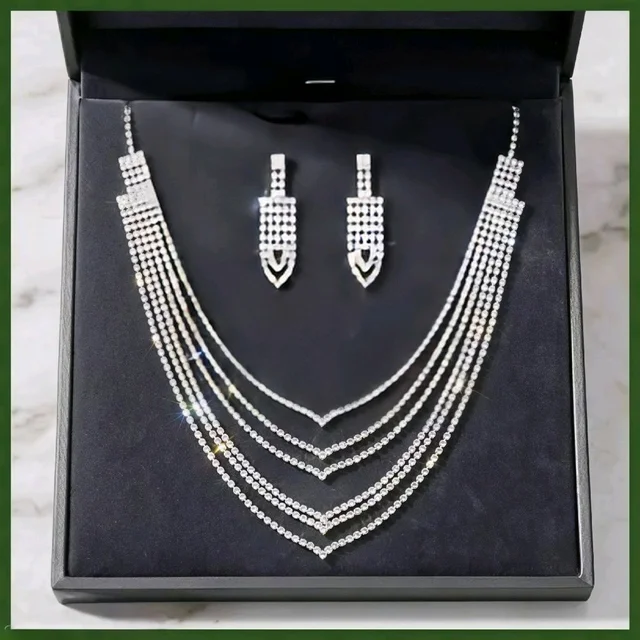 Luxury premium necklace|Silver Plated Rhinestone Layered Necklace and Earring Set for Women | Party Wear