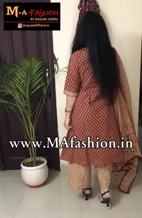 Indo Era Maroon Floral Printed Anghrakha Style A-Line Kurta with Palazzo Set with Dupatta - XXL