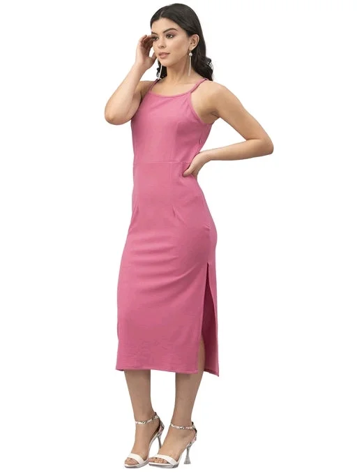 Lycra Solid Pink Western Dress - S