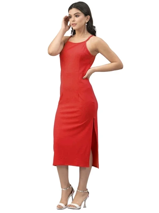 Lycra Solid Red Western Dress - S