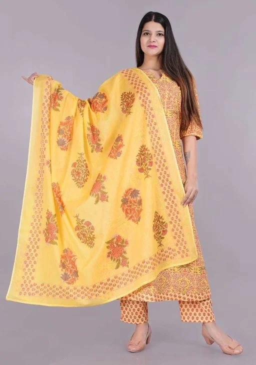 My Garv Mustard Cotton Kurta Pant With dupataa Set - XXL