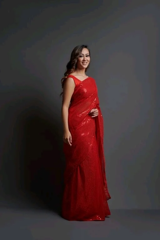 Premium Women's Georgette Silk Embroidered Sequin Saree With Blouse 114