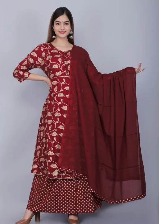 Printed rayon kurta skirt with dupatta - L