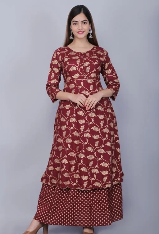 Printed rayon kurta skirt with dupatta - L