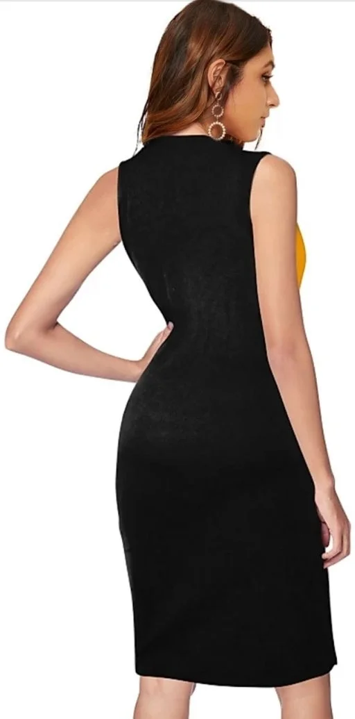 Sleeveless Checkered Hosiery Yellow And Red Bodycon Dress - M