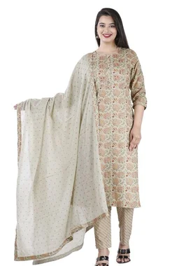 THE VASTRA Rayon Off White Kurti palazzo & Dupatta Set For Women & Girls - L