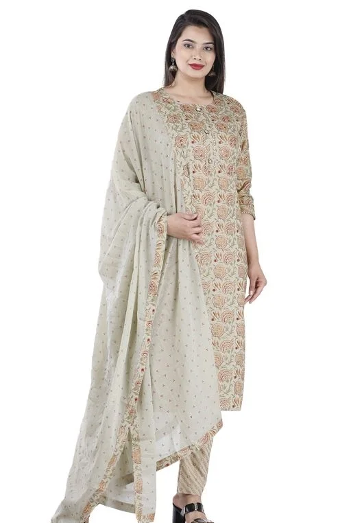 THE VASTRA Rayon Off White Kurti palazzo & Dupatta Set For Women & Girls - L