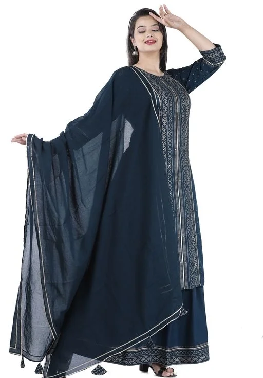 THE VASTRA Rayon Rama Green Kurti Sharara & Dupatta Set For Women & Girls - L