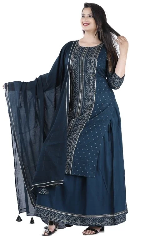 THE VASTRA Rayon Rama Green Kurti Sharara & Dupatta Set For Women & Girls - L