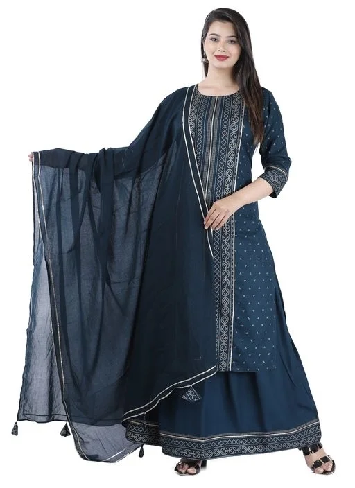 THE VASTRA Rayon Rama Green Kurti Sharara & Dupatta Set For Women & Girls - S