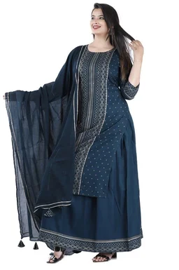 THE VASTRA Rayon Rama Green Kurti Sharara & Dupatta Set For Women & Girls - S