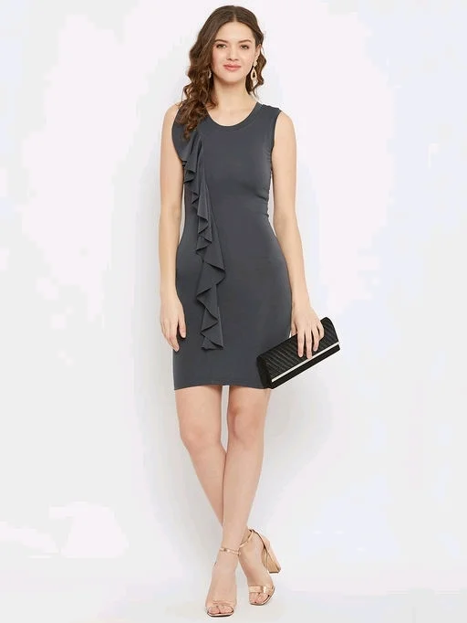 U&F Solid Polyester Scuba Bodycon Round Neck Party Dress59 - XS