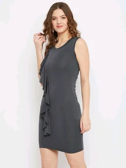 U&F Solid Polyester Scuba Bodycon Round Neck Party Dress59 - XS