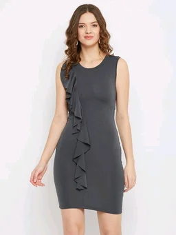 U&F Solid Polyester Scuba Bodycon Round Neck Party Dress59 - XS