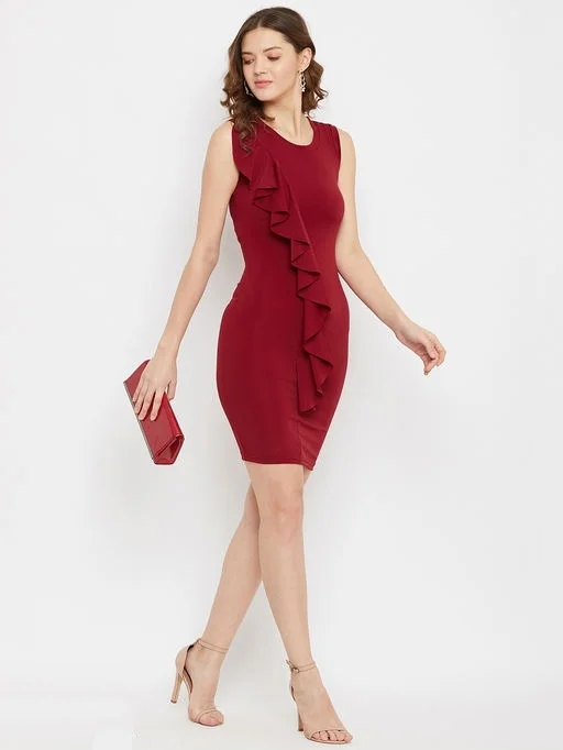 U&F Solid Polyester Scuba Bodycon Round Neck Party Dress57 - M