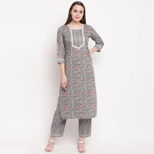 Vbuyz Women's All Over Print Straight Cotton Grey Kurti With Pant Set1 - S