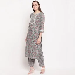 Vbuyz Women's All Over Print Straight Cotton Grey Kurti With Pant Set1 - S