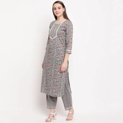 Vbuyz Women's All Over Print Straight Cotton Grey Kurti With Pant Set1 - S