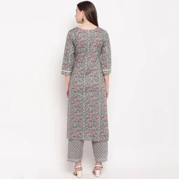 Vbuyz Women's All Over Print Straight Cotton Grey Kurti With Pant Set1 - S