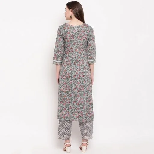 Vbuyz Women's All Over Print Straight Cotton Grey Kurti With Pant Set1 - S