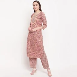 Vbuyz Women's All Over Print Straight Cotton Peach Kurti With Pant Set - L