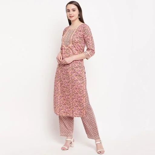 Vbuyz Women's All Over Print Straight Cotton Peach Kurti With Pant Set - L