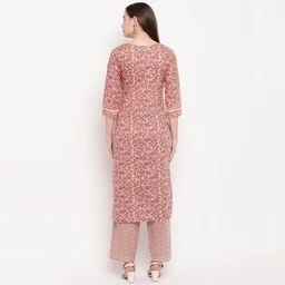 Vbuyz Women's All Over Print Straight Cotton Peach Kurti With Pant Set - L