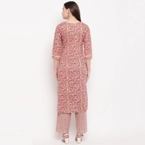 Vbuyz Women's All Over Print Straight Cotton Peach Kurti With Pant Set - L