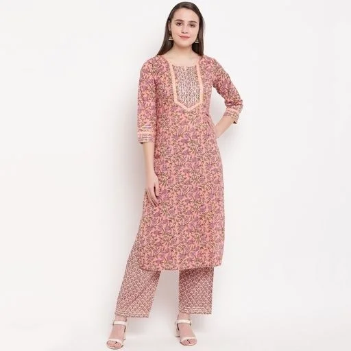 Vbuyz Women's All Over Print Straight Cotton Peach Kurti With Pant Set - M