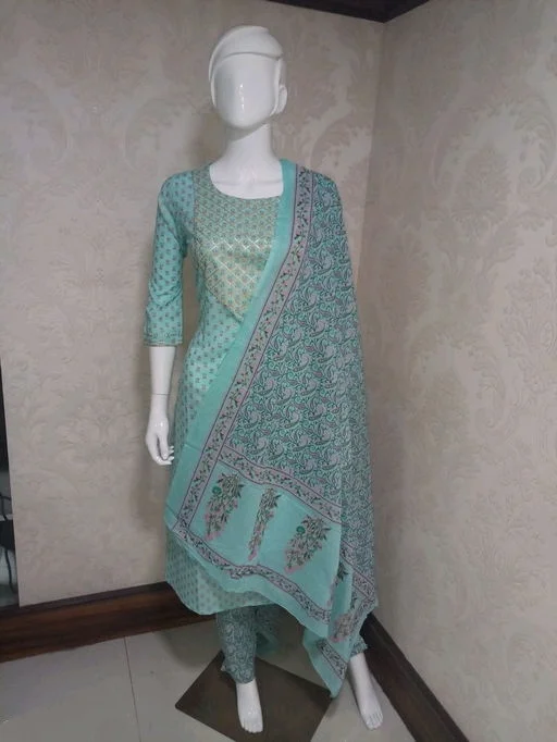 Vbuyz Women's Foil Print & Gota Patti Work Straight cotton Peach Kurta, Pant & Dupatta14 - M
