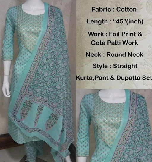 Vbuyz Women's Foil Print & Gota Patti Work Straight cotton Peach Kurta, Pant & Dupatta14 - M