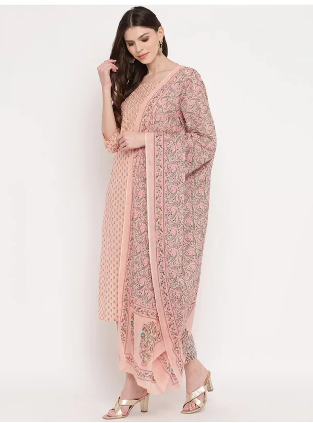 Vbuyz Women's Foil Print & Gota Patti Work Straight cotton Peach Kurta, Pant & Dupatta1 - XXL