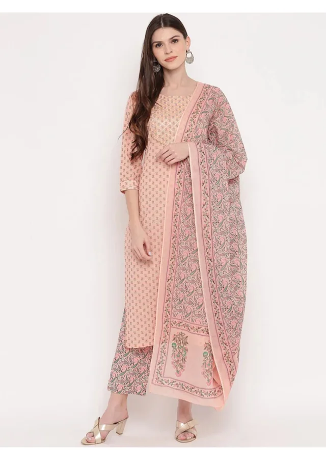 Vbuyz Women's Foil Print & Gota Patti Work Straight cotton Peach Kurta, Pant & Dupatta1 - M