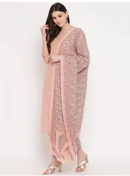 Vbuyz Women's Foil Print & Gota Patti Work Straight cotton Peach Kurta, Pant & Dupatta1 - M