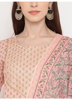 Vbuyz Women's Foil Print & Gota Patti Work Straight cotton Peach Kurta, Pant & Dupatta1 - M