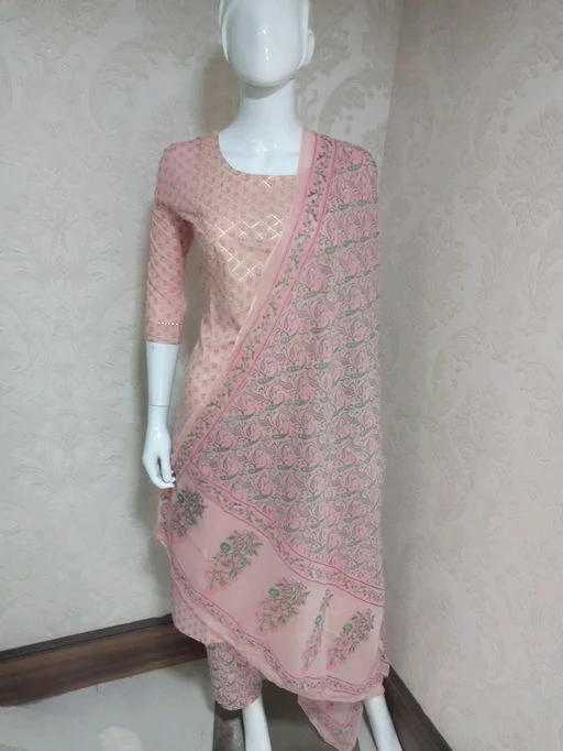 Vbuyz Women's Foil Print & Gota Patti Work Straight cotton Peach Kurta, Pant & Dupatta4 - L