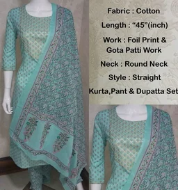 Vbuyz Women's Foil Print & Gota Patti Work Straight cotton Peach Kurta, Pant & Dupatta16 - XL