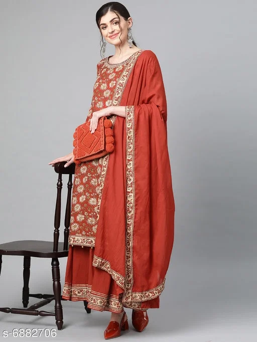 Women Cotton A-line Printed Long Kurti With Palazzos And Dupatta - XL