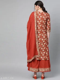 Women Cotton A-line Printed Long Kurti With Palazzos And Dupatta - M